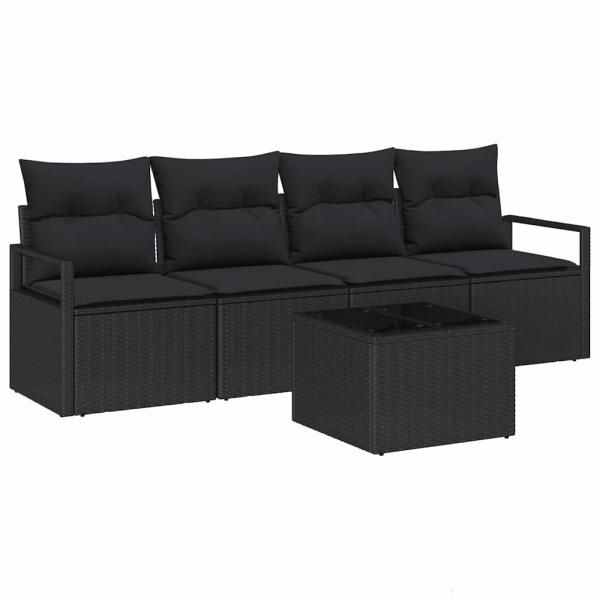 5-teiliges Garten-Sofa-Set mit Kissen Schwarz Poly Rattan, 2-Sitzer Garten-Sofa mit Stauraum & Kissen Schwarz Poly Rattan