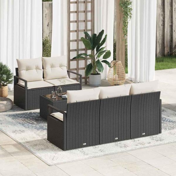 ARDEBO.de - 6-teiliges Garten-Sofa-Set mit Kissen Schwarz Poly Rattan, 2-Sitzer Garten-Sofa mit Stauraum & Kissen Schwarz Poly Rattan