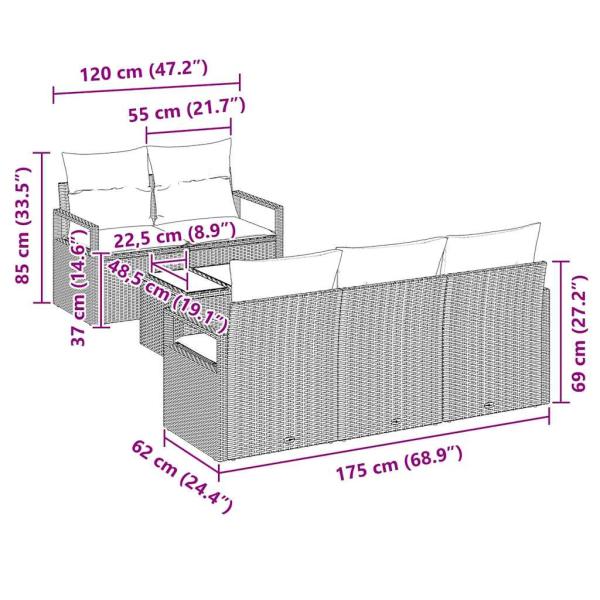 6-teiliges Garten-Sofa-Set mit Kissen Schwarz Poly Rattan, 2-Sitzer Garten-Sofa mit Stauraum & Kissen Schwarz Poly Rattan