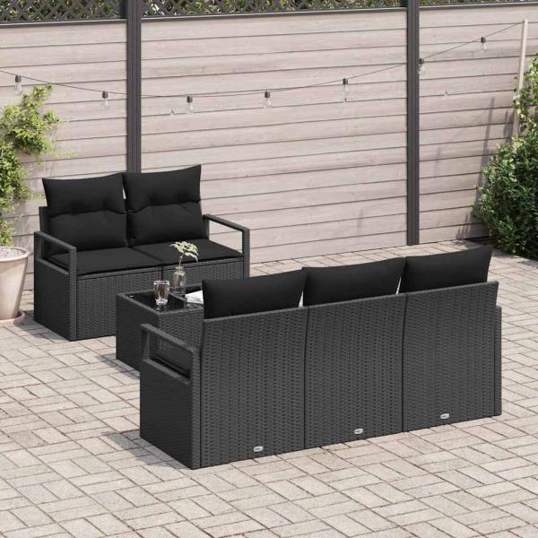 6-teiliges Garten Sofa Set mit Kissen Schwarz Poly Rattan, 2-Sitzer Garten Sofa mit Stauraum & Kissen Schwarz Poly Rattan