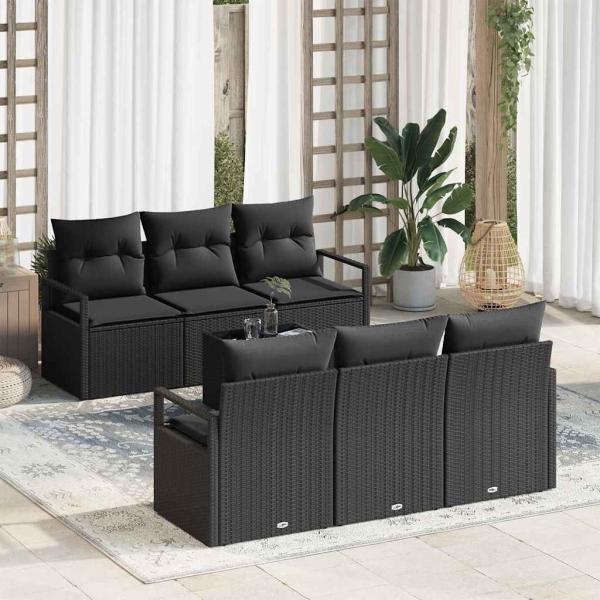 ARDEBO.de - 7-teiliges Garten-Sofa-Set mit Kissen Schwarz Poly Rattan, 2-Sitzer Garten-Sofa mit Stauraum & Kissen Schwarz Poly Rattan