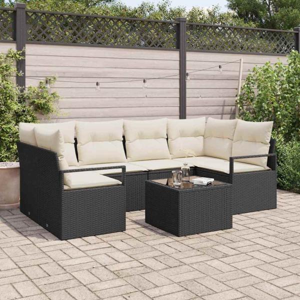 ARDEBO.de - 7-teiliges Garten Sofa Set mit Kissen Schwarz Poly Rattan, Zweisitzer Garten Sofa mit Stauraum & Kissen Schwarz Poly Rattan