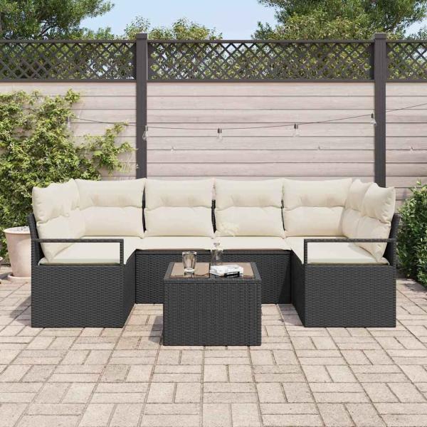 7-teiliges Garten Sofa Set mit Kissen Schwarz Poly Rattan, Zweisitzer Garten Sofa mit Stauraum & Kissen Schwarz Poly Rattan