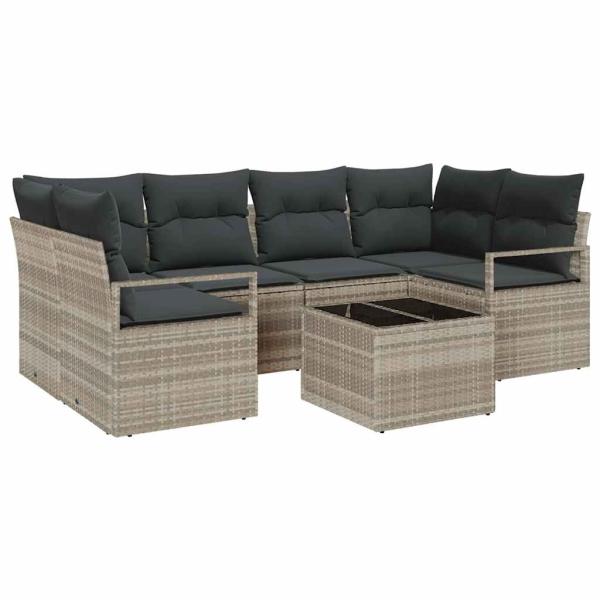 7-teiliges Garten Sofa Set mit Kissen Hellgrau Poly Rattan, 2-Sitzer Garten Sofa mit Stauraum & Kissen Grau Poly Rattan