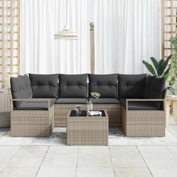 7-teiliges Garten Sofa Set mit Kissen Hellgrau Poly Rattan, 2-Sitzer Garten Sofa mit Stauraum & Kissen Grau Poly Rattan