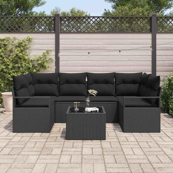 7-teiliges Garten Sofa Set mit Kissen Schwarz Poly Rattan, 2-Sitzer Garten Sofa mit Stauraum & Kissen Schwarz Poly Rattan