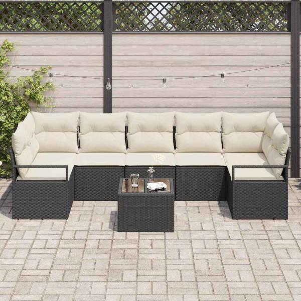 8-teiliges Garten Sofa Set mit Kissen Schwarz Poly Rattan, 2-Sitzer Garten Sofa mit Stauraum & Kissen Schwarz Poly Rattan