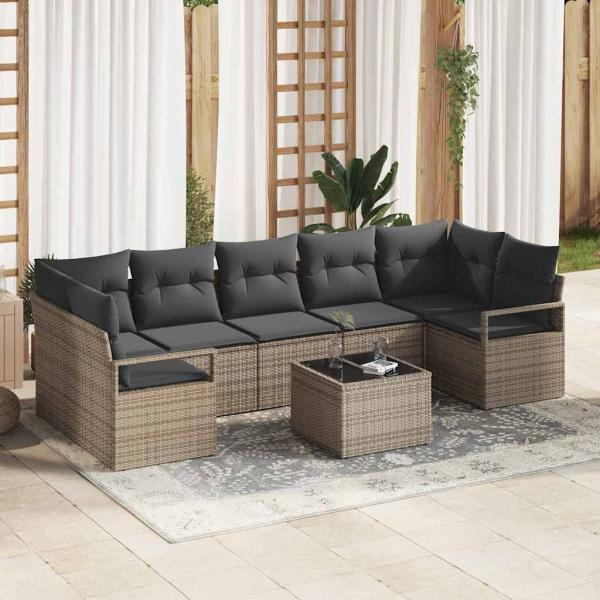 ARDEBO.de - 8-teiliges Garten Sofa Set mit Kissen Graues Poly Rattan, 2-Sitzer Garten Sofa mit Stauraum & Kissen Graues Poly Rattan