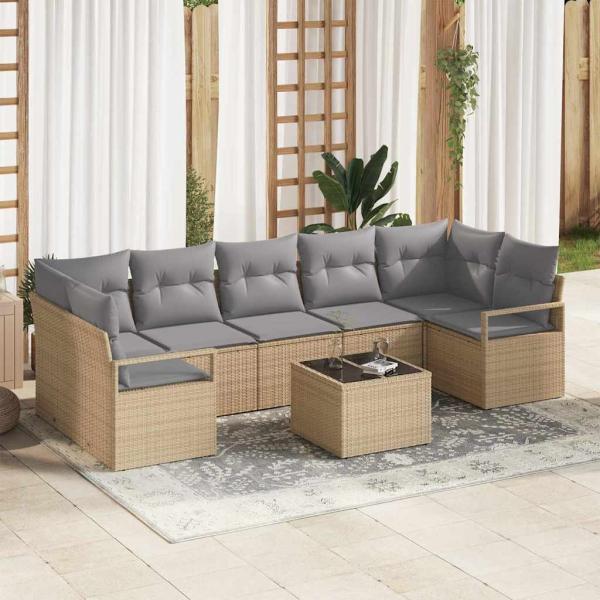 ARDEBO.de - 8-teiliges Garten Sofa Set mit Kissen Beige Poly Rattan, 2-Sitzer Garten Sofa mit Stauraum & Kissen Beige Poly Rattan