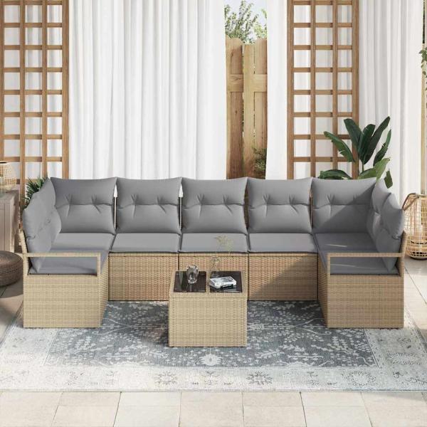 8-teiliges Garten Sofa Set mit Kissen Beige Poly Rattan, 2-Sitzer Garten Sofa mit Stauraum & Kissen Beige Poly Rattan