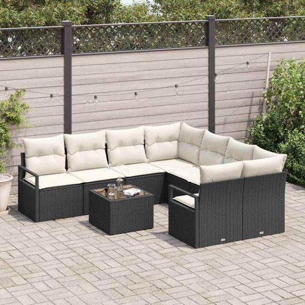 9-teiliges Garten Sofaset mit Kissen Schwarz Poly Rattan, 2-Sitzer Garten Sofa mit Stauraum & Kissen Schwarz Poly Rattan