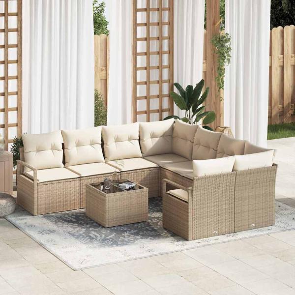 ARDEBO.de - 9-teiliges Garten Sofa Set mit Kissen Beige Poly Rattan, 2-Sitzer Garten Sofa mit Stauraum & Kissen Beige Poly Rattan