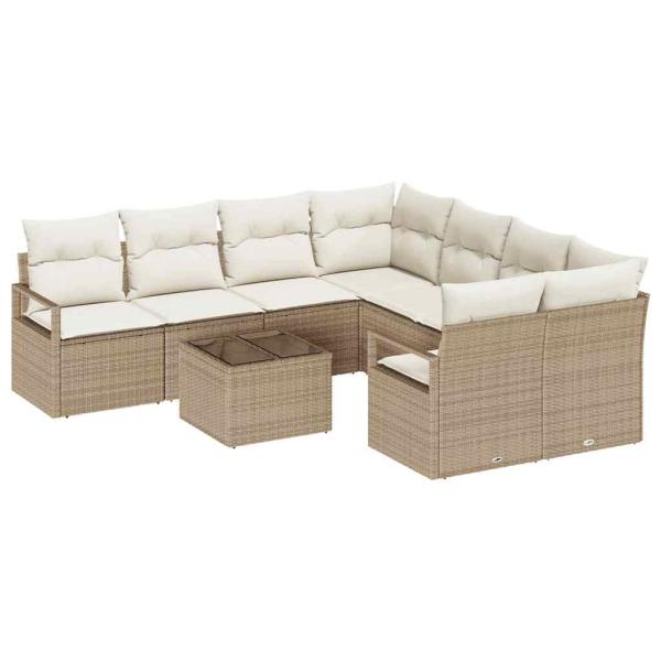 9-teiliges Garten Sofa Set mit Kissen Beige Poly Rattan, 2-Sitzer Garten Sofa mit Stauraum & Kissen Beige Poly Rattan