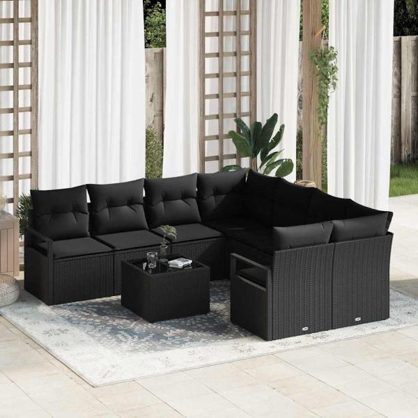 ARDEBO.de - 9-teiliges Gartensofa Set mit Kissen Schwarz Poly-Rattan, 2-Sitzer Gartensofa mit Stauraum & Kissen Schwarz Poly-Rattan