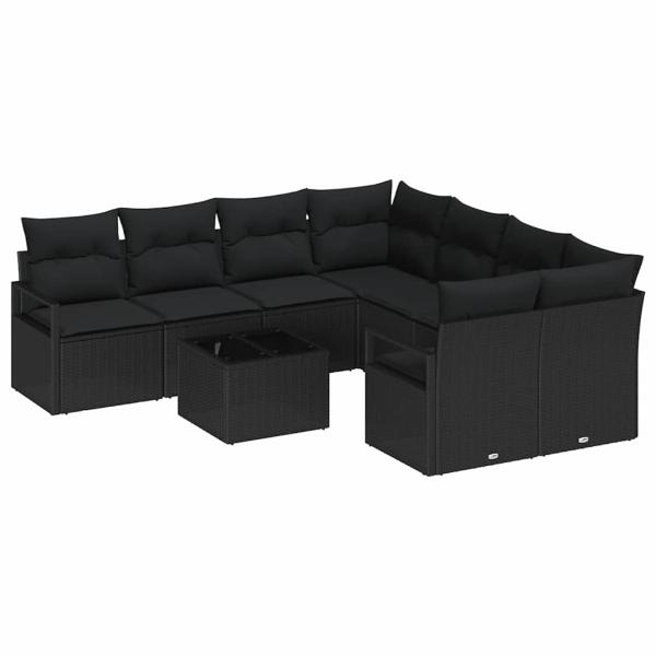 9-teiliges Gartensofa Set mit Kissen Schwarz Poly-Rattan, 2-Sitzer Gartensofa mit Stauraum & Kissen Schwarz Poly-Rattan