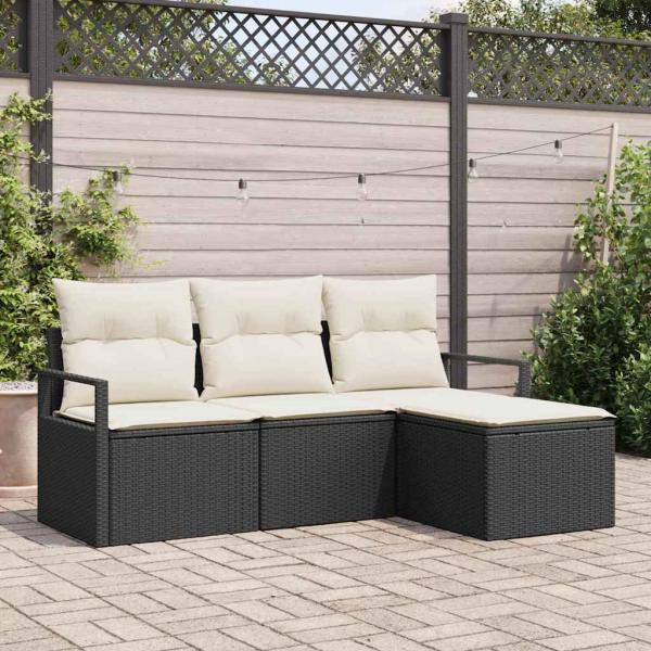 ARDEBO.de - 4-teiliges Garten-Sofa-Set mit Kissen Schwarzes Poly-Rattan, 2-Sitzer Garten-Sofa mit Stauraum & Kissen Schwarzes Poly-Rattan