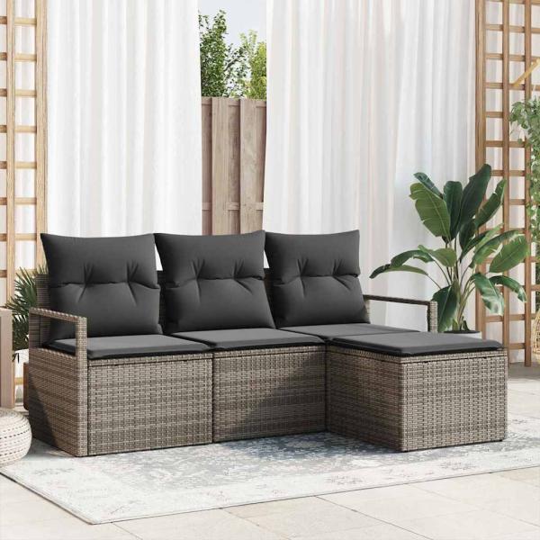 ARDEBO.de - 4-teilige Garten-Sofa Set mit Kissen Grau Poly Rattan, 2-Sitzer Garten Sofa mit Stauraum und Kissen Grau Poly Rattan