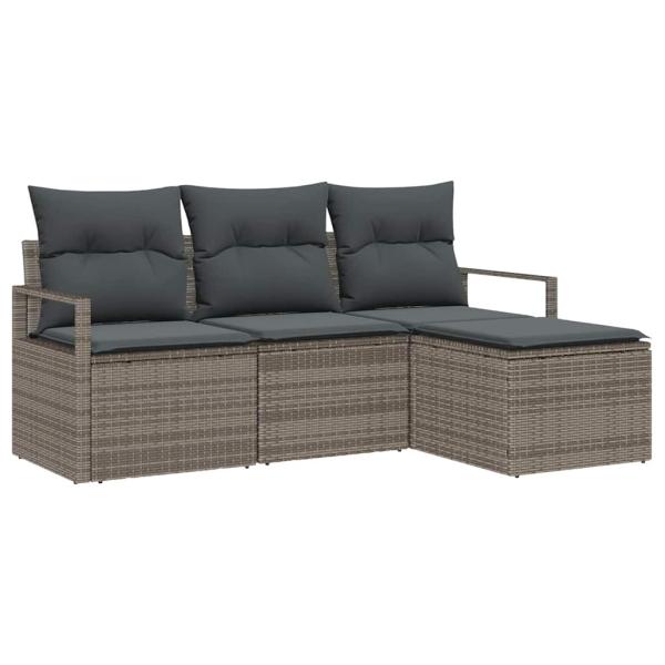 4-teilige Garten-Sofa Set mit Kissen Grau Poly Rattan, 2-Sitzer Garten Sofa mit Stauraum und Kissen Grau Poly Rattan