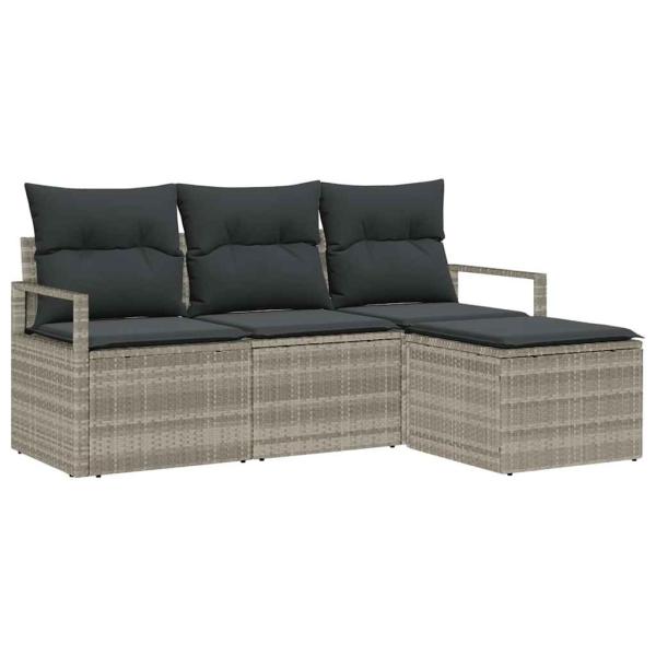 4-teilige Garten-Sofa-Sitzgarnitur mit Kissen Hellgrau Poly-Rattan, 2-Sitzer Garten-Sofa mit Stauraum & Kissen Grau Poly-Rattan