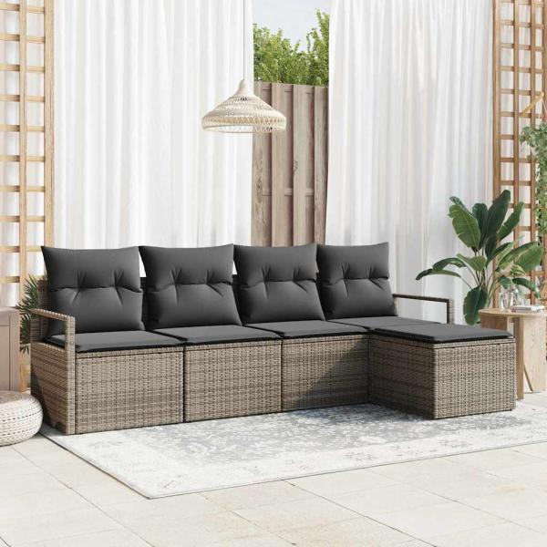 ARDEBO.de - 5-teiliges Garten Sofa Set mit Kissen grau Poly Rattan, 2-Sitzer Garten Sofa mit Stauraum & Kissen grau Poly Rattan