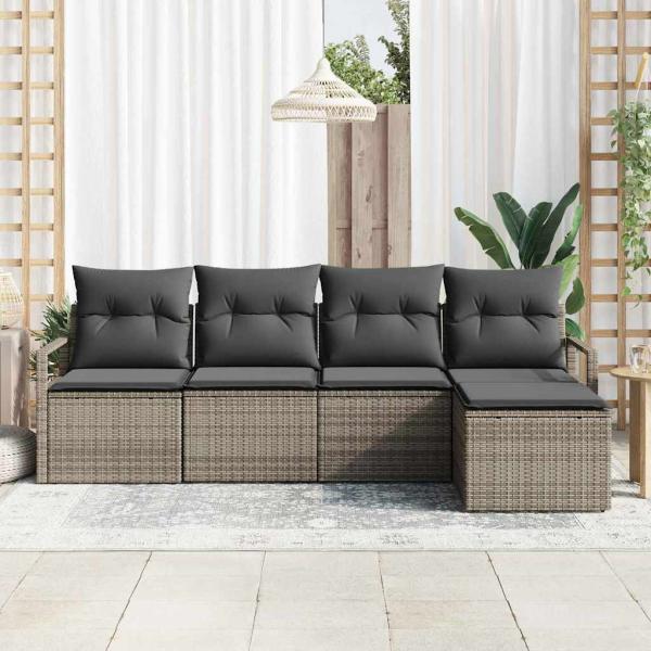 5-teiliges Garten Sofa Set mit Kissen grau Poly Rattan, 2-Sitzer Garten Sofa mit Stauraum & Kissen grau Poly Rattan