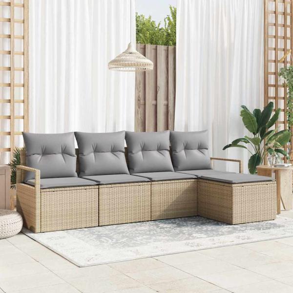ARDEBO.de - 5-teiliges Garten-Sofa-Set mit Kissen Beige Poly-Rattan, 2-Sitzer Garten-Sofa mit Stauraum & Kissen Beige Poly-Rattan