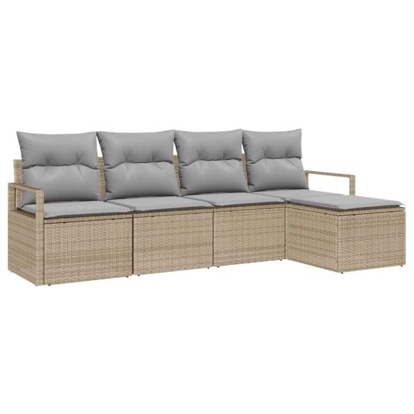 5-teiliges Garten-Sofa-Set mit Kissen Beige Poly-Rattan, 2-Sitzer Garten-Sofa mit Stauraum & Kissen Beige Poly-Rattan