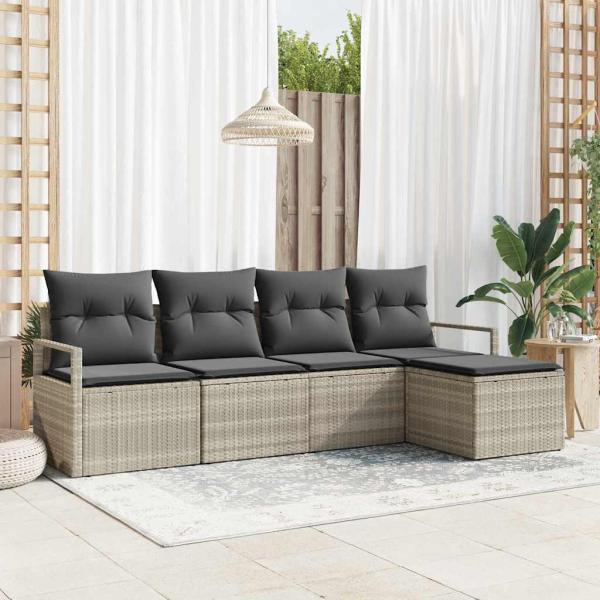 ARDEBO.de - 5-teiliges Garten Sofa Set mit Kissen Hellgrau Poly Rattan, 2-Sitzer Garten Sofa mit Stauraum & Kissen Grau Poly Rattan
