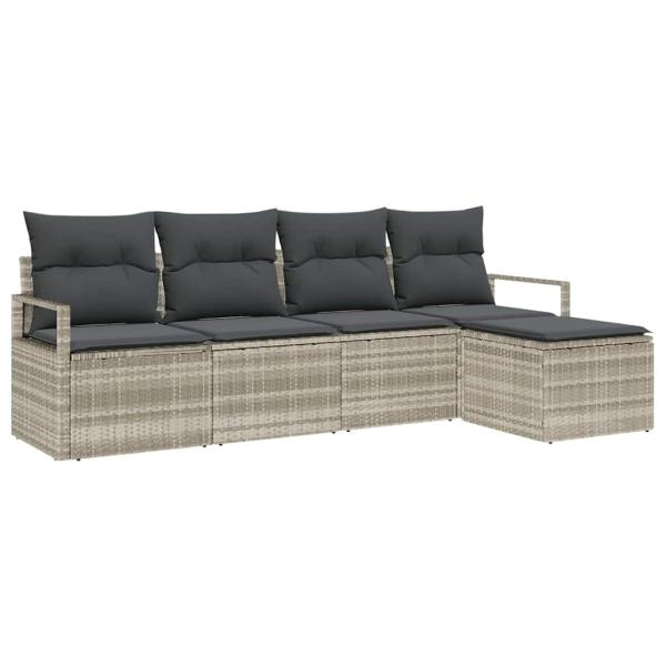 5-teiliges Garten Sofa Set mit Kissen Hellgrau Poly Rattan, 2-Sitzer Garten Sofa mit Stauraum & Kissen Grau Poly Rattan