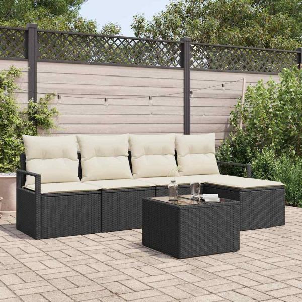 ARDEBO.de - 5-teiliges Garten Sofa Set mit Kissen Braunes Poly Rattan, 2-Sitzer Garten Sofa mit Stauraum & Kissen Schwarzes Poly Rattan