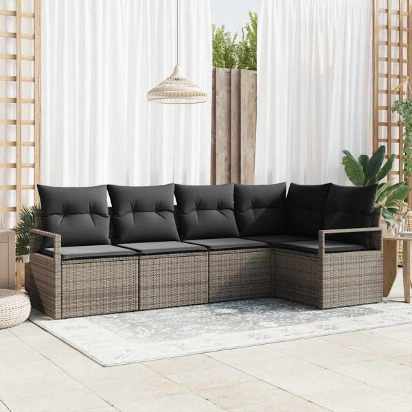 ARDEBO.de - 5-teilige Garten Sofa Set mit Kissen Grau Poly Rattan, 2-Sitzer Garten Sofa mit Stauraum & Kissen Grau Poly Rattan