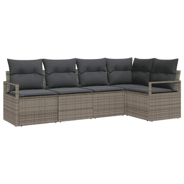 5-teilige Garten Sofa Set mit Kissen Grau Poly Rattan, 2-Sitzer Garten Sofa mit Stauraum & Kissen Grau Poly Rattan