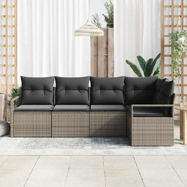 5-teilige Garten Sofa Set mit Kissen Grau Poly Rattan, 2-Sitzer Garten Sofa mit Stauraum & Kissen Grau Poly Rattan