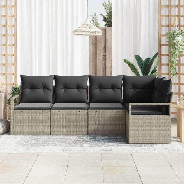 ARDEBO.de - 5-teiliges Garten Sofa Set mit Kissen Hellgrau Poly Rattan, 2-Sitzer Garten Sofa mit Stauraum & Kissen Grau Poly Rattan