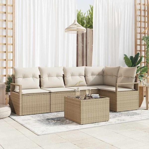 ARDEBO.de - 6-tlg. Garten-Sofa-Set mit Kissen Braunes Poly-Rattan, 2-Sitzer Garten-Sofa mit Stauraum & Kissen Beiges Poly-Rattan