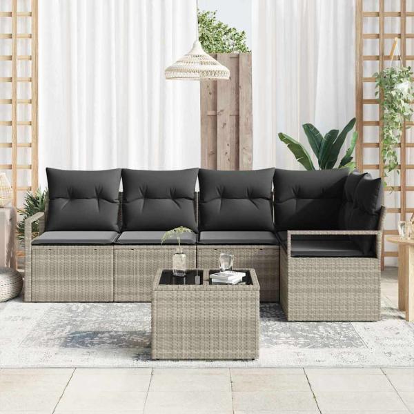 6-teiliges Garten Sofa Set mit Kissen Grau Poly Rattan, 2-Sitzer Garten Sofa mit Stauraum & Kissen Grau Poly Rattan