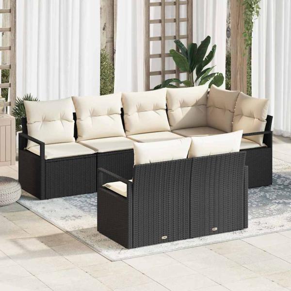ARDEBO.de - 7-teiliges Garten Sofa Set mit Kissen Schwarz Poly Rattan, 2-Sitzer Garten Sofa mit Stauraum & Kissen Schwarz Poly Rattan