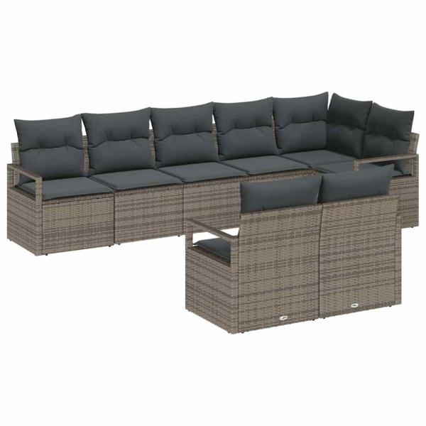 8-teiliges Garten-Sofa-Set mit Kissen Grau Poly Rattan, 2-Sitzer Garten-Sofa mit Stauraum & Kissen Grau Poly Rattan