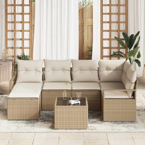7-teiliges Garten-Sofa-Set mit Kissen in Braun Poly-Rattan, 2-Sitzer Garten-Sofa mit Stauraum & Kissen in Beige Poly-Rattan