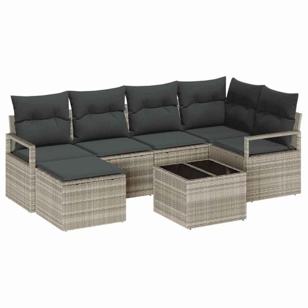 7-teiliges Garten Sofa Set mit Kissen grau Poly Rattan, 2-Sitzer Garten Sofa mit Stauraum & Kissen grau Poly Rattan