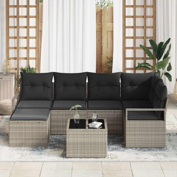 7-teiliges Garten Sofa Set mit Kissen grau Poly Rattan, 2-Sitzer Garten Sofa mit Stauraum & Kissen grau Poly Rattan