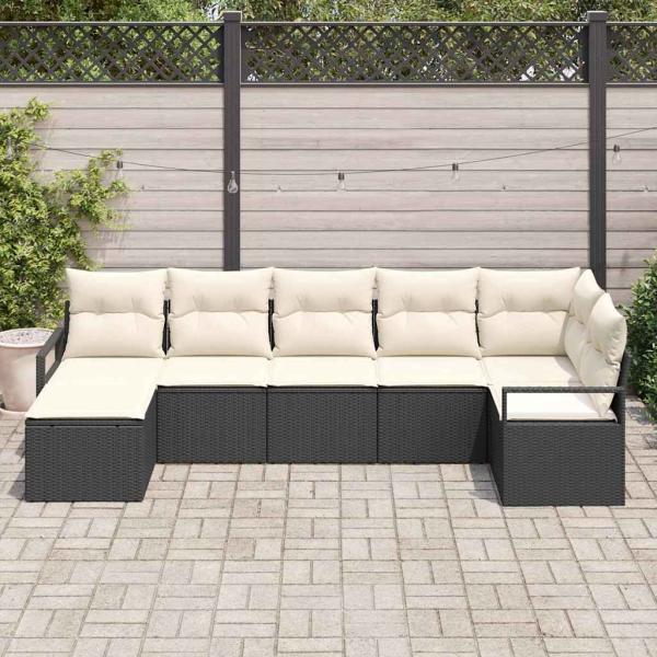 ARDEBO.de - 7-teiliges Garten Sofa Set mit Kissen Schwarz Poly Rattan, 2-Sitzer Garten Sofa mit Stauraum & Kissen Schwarz Poly Rattan