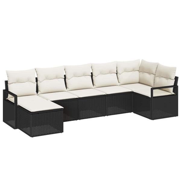 7-teiliges Garten Sofa Set mit Kissen Schwarz Poly Rattan, 2-Sitzer Garten Sofa mit Stauraum & Kissen Schwarz Poly Rattan