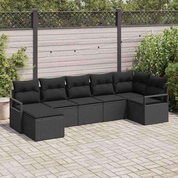 7-teiliges Garten Sofa Set mit Kissen Schwarz Poly Rattan, 2-Sitzer Garten Sofa mit Stauraum & Kissen Schwarz Poly Rattan