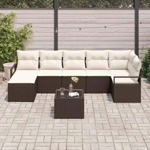 7-teiliges Garten-Sofa-Set mit Kissen Grau Poly Rattan, 2-Sitzer Garten-Sofa mit Stauraum & Kissen Braun Poly Rattan