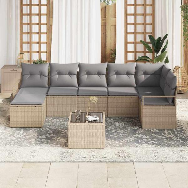 8 Stück Garten Sofa Set mit Kissen Schwarz Poly Rattan, 2-Sitzer Garten Sofa mit Stauraum & Kissen Beige Poly Rattan