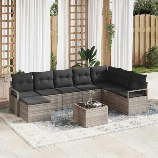 ARDEBO.de - 9-teiliges Garten Sofa Set mit Kissen Grau Poly Rattan, 2-Sitzer Garten Sofa mit Stauraum & Kissen Grau Poly Rattan