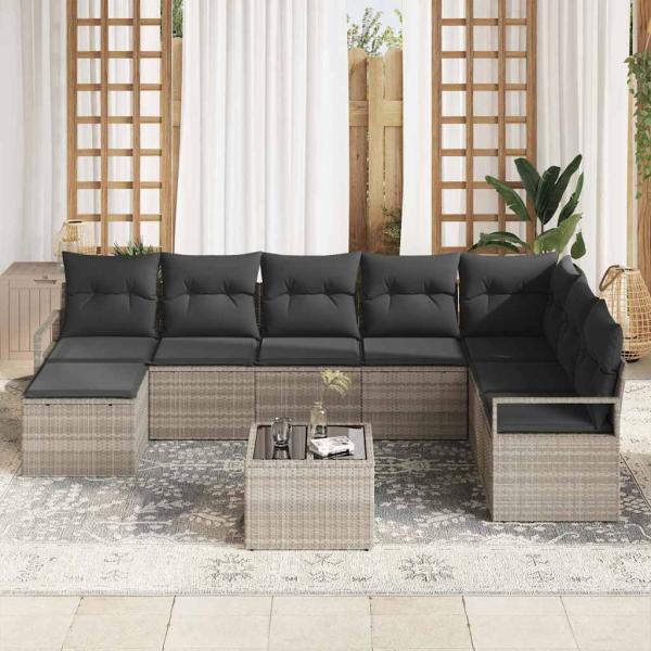 9-teiliges Garten Sofa Set mit Kissen Grau Poly Rattan, 2-Sitzer Garten Sofa mit Stauraum & Kissen Grau Poly Rattan