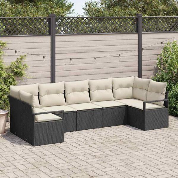 ARDEBO.de - 7-Teiliges Garten Sofa Set mit Kissen Schwarz Poly Rattan, 2-Sitzer Garten Sofa mit Stauraum & Kissen Schwarz Poly Rattan