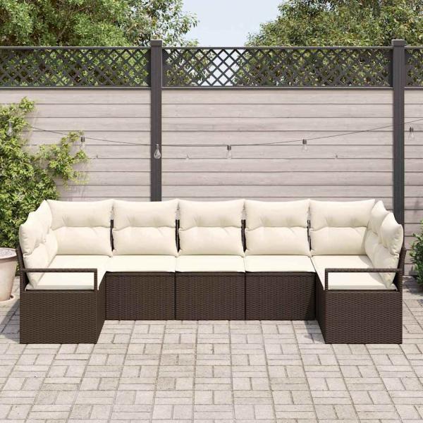 7-teiliges Garten Sofa Set mit Kissen Braun Polyrattan, 2-Sitzer Garten Sofa mit Stauraum & Kissen Braun Polyrattan